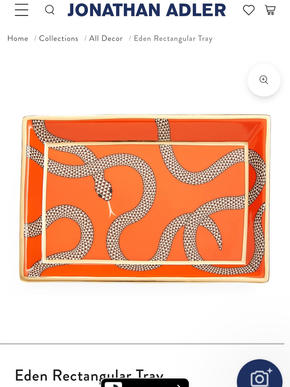 JONATHAN ADLER EUC Eden Serpent Snake Print Trinket Rectangular Tray